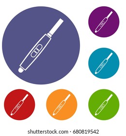 Pregnancy test with positive pregnant icons set in flat circle red, blue and green color for web