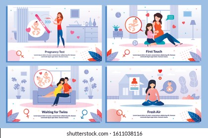 Pregnancy Test Positive Result, Pregnant Woman Family Relationships, Activity on Fresh Air Trendy Flat Vector Banner, Poster Set. Lady Talking with Child, Meditating, Resting at Home Illustration