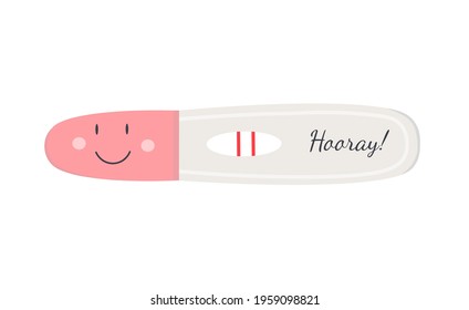 Pregnancy test with positive result and two lines with inscription hooray. Planned pregnancy. Vector illustration