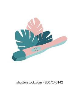 Pregnancy test with positive result as a two lines. Planning a baby, motherhood and healthcare concept. Flat vector illustration for a poster with text.