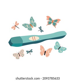 Pregnancy test with positive result as a two lines and flying butterflies. Planning a baby, motherhood and healthcare concept. Flat vector illustration for a poster with text.