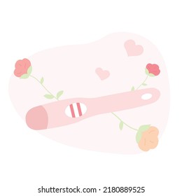 Schwangerschaftstest mit positivem Ergebnis zwei Linien Illustration mit Blumen. Warten Sie auf ein neues Baby-Happy-Mutter-Papa-Konzept.
