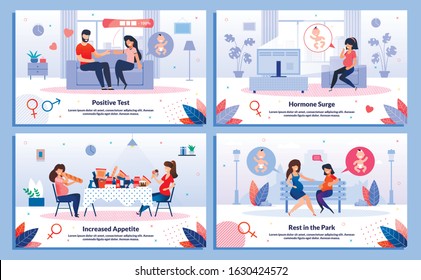 Pregnancy Test, Pregnant Woman Appetite, Hormone Surge, Relationships Trendy Flat Vector Banner, Poster Set. Lady Tells Husband About Pregnancy, Feels Sweaty, Eats Fast Food, Meets Friend Illustration
