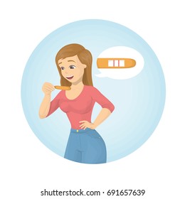 Pregnancy test reaction. Happy smiling woman is glad to see two red lines.