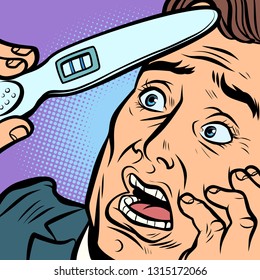 pregnancy test. scared man husband father. Comic cartoon pop art retro vector illustration hand drawing