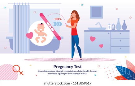 Pregnancy Test Trendy Flat Vector Banner, Poster Template. Pregnant Woman Looking on Pregnancy Positive Test Stripe, Young Lady Excited and Surprised Because of Successful Pregnancy Illustration