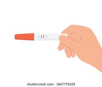 Prueba de embarazo con dos rayas rojas en mano. Resultado positivo. Comprobando la prueba de embarazo. Ilustración vectorial plana sobre fondo blanco