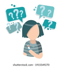 Pregnancy test. Two strips. Concept of Beginning of motherhood. Question and doubt. Choice of future. Young woman. Flat cartoon. Girl holds the analysis result