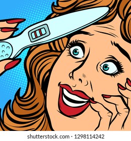 pregnancy test two strips woman happiness face. Comic cartoon pop art retro vector illustration hand drawing