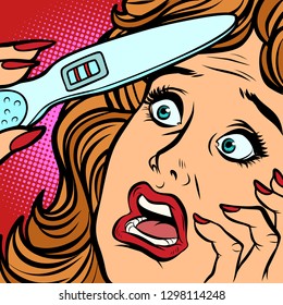 pregnancy test two strips woman fear face. Comic cartoon pop art retro vector illustration hand drawing