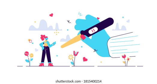 Pregnancy test vector illustration. Flat tiny positive results persons concept. Reproduction motherhood inspection and baby expecting process. Happy pregnant maternity beginning and new life symbol.