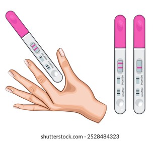 Ilustração vetorial do teste de gravidez. Teste de gravidez positivo e negativo. Teste de gravidez de mão isolado em branco. Ilustração de Educação Médica