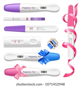 Pregnancy tests digital and 2 lines kits  realistic collection with blue and pink ribbons isolated vector illustration 