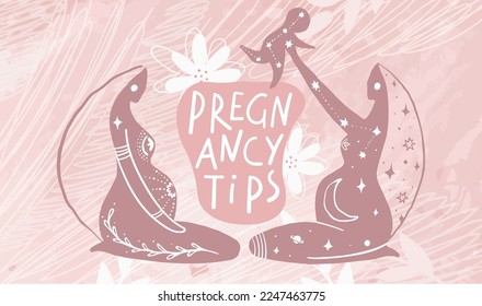 Pregnancy tips. Boho banner with two pregnant women and a baby, a stylized image of pregnancy, a card for preparing for childbirth, vector illustration isolated on a pink background.
