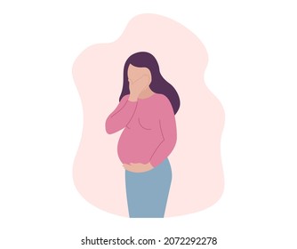 Pregnancy Toxicosis. Pregnant Woman Suffering From Nausea And Vomiting. Morning Sickness. Vector Concept Illustration.