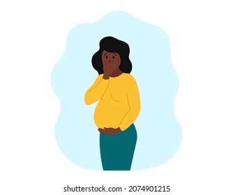 Pregnancy Toxicosis. Pregnant Woman Suffering From Nausea And Vomiting. Adult African American Expectant Mother. Morning Sickness. Vector Concept Illustration.