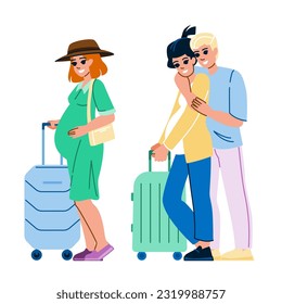 vector de viaje de embarazo. mujer embarazada, bebé de barriga, maternidad de madre, vacaciones a la espera, personaje de viaje de embarazo de avión femenino. ilustración de dibujos animados planos de personas