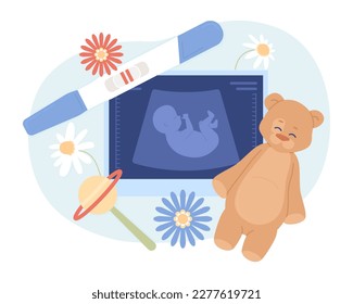 Pregnancy ultrasound composition flat concept vector spot illustration. Editable 2D cartoon scene on white for web design. Waiting for baby boy test reveal creative idea for website, mobile app