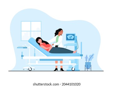 Pregnancy ultrasound diagnosis scan with female doctor. Radiology imaging scan procedure Woman at gynecology abdomen examination cartoon vector illustration