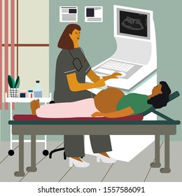 Pregnancy ultrasound examination. Doctor or gynecologist monitoring and examining a pregnant woman at ultrasonography procedure at clinic. Flat vector illustration.