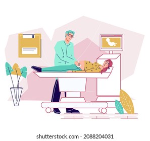 Pregnancy ultrasound screening exam with doctor examining a pregnant woman. Medical pregnancy test, flat cartoon vector illustration isolated on white background.