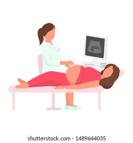 Pregnancy ultrasound screening. Female young doctor scanning young pregnant girl's belly. Embryo baby health diagnostic illustration. Vector flat cartoon illustration
