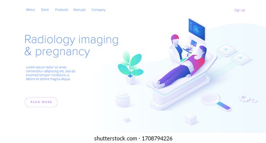 Pregnancy ultrasound screening in isometric vector design. Radiology imaging scan procedure with pfemale doctor and patient. Healthcare medical sonogram. Web banner layout template for website.
