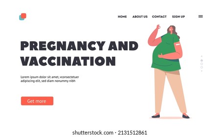 Pregnancy and Vaccination Landing Page Template. Vaccinated Pregnant Woman Show Ok Gesture, Immunization, Healthcare. Happy Mother Character with Patch on Shoulder. Cartoon People Vector Illustration