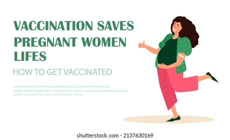 Pregnancy and Vaccination Landing Page Template.Vaccinated Pregnant Happy Woman Show Ok Gesture,Immunization,Healthcare.Happy Mother Character with Patch on Shoulder.Cartoon People Vector Illustration