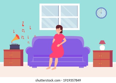 Pregnancy vector concept: Pregnant woman enjoying music while sitting on the sofa 