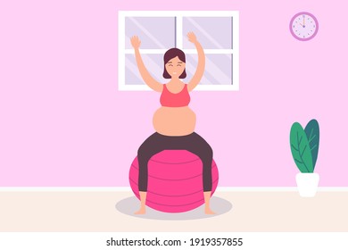 Pregnancy vector concept: Pregnant woman doing exercise while sitting on the pilate ball 