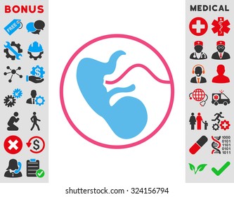 Pregnancy vector icon. Style is bicolor flat symbol, pink and blue colors, rounded angles, white background.