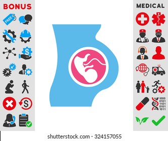 Pregnancy vector icon. Style is bicolor flat symbol, pink and blue colors, rounded angles, white background.