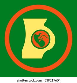 Pregnancy vector icon. Style is bicolor flat rounded symbol, orange and yellow colors, rounded angles, green background.