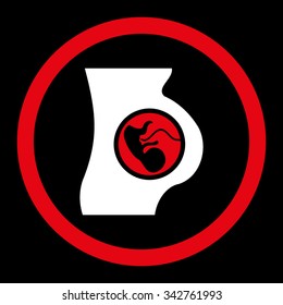 Pregnancy vector icon. Style is bicolor flat rounded symbol, red and white colors, rounded angles, black background.