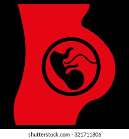 Pregnancy vector icon. Style is flat symbol, red color, rounded angles, black background.
