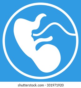 Pregnancy vector icon. Style is flat symbol, white color, rounded angles, blue background.