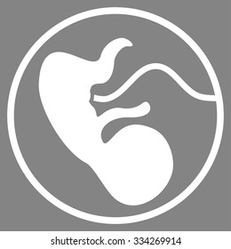 Pregnancy vector icon. Style is flat symbol, white color, rounded angles, gray background.