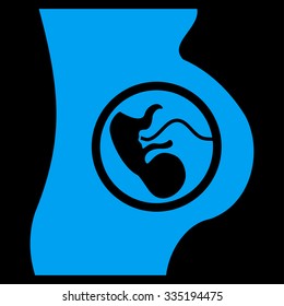 Pregnancy vector icon. Style is flat symbol, blue color, rounded angles, black background.