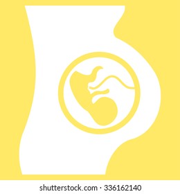 Pregnancy vector icon. Style is flat symbol, white color, rounded angles, yellow background.