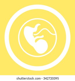 Pregnancy vector icon. Style is flat rounded symbol, white color, rounded angles, yellow background.