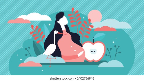 Pregnancy vector illustration. Flat tiny pregnant mothers persons concept. Unborn children care in belly. Abstract maternity love and baby birth expectations. Healthy gynecology reproductive body life