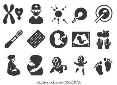 Pregnancy vector illustration icon set. Included the icons as pregnant, woman, embryo, born, baby, birth control pills and more.