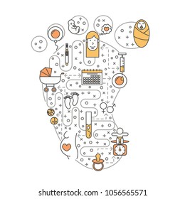 Pregnancy vector illustration. Modern thin line art flat style design element in the shape of baby footprint with maternity and childbirth symbols, icons for website banners and printed materials.
