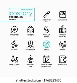 Pregnancy - vector line design style icons set. Healthcare and motherhood idea. A test, ultrasound, pregnant woman, maternity hospital, obstetrician, prenatal yoga, weekly development, weight gain