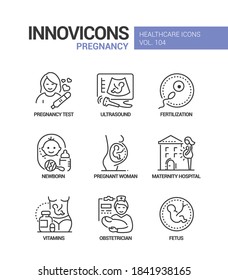 Pregnancy - vector line design style icons set. Healthcare mobile app idea. A test, ultrasound, fertilization, newborn, pregnant woman, maternity hospital, vitamins, obstetrician, fetus images