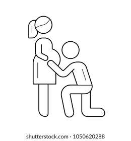 Pregnancy vector line icon isolated on white background. Husband kissing the belly of wife during pregnancy line icon for infographic, website or app.
