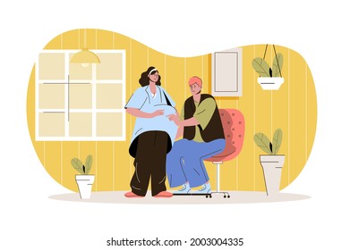 Pregnancy web character concept. Husband touches belly of pregnant wife. Young mom and dad together, family expecting child isolated scene with persons. Vector illustration with people in flat design
