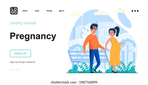 Pregnancy web concept. Pregnant woman and man walking in city park. Young family expecting baby. Template of people scene. Vector illustration with character activities in flat design for website