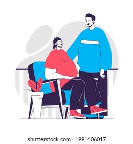 Pregnancy web concept. Pregnant woman and man together, couple expecting baby. Young family people scene. Flat characters design for website. Vector illustration for social media promotional materials
